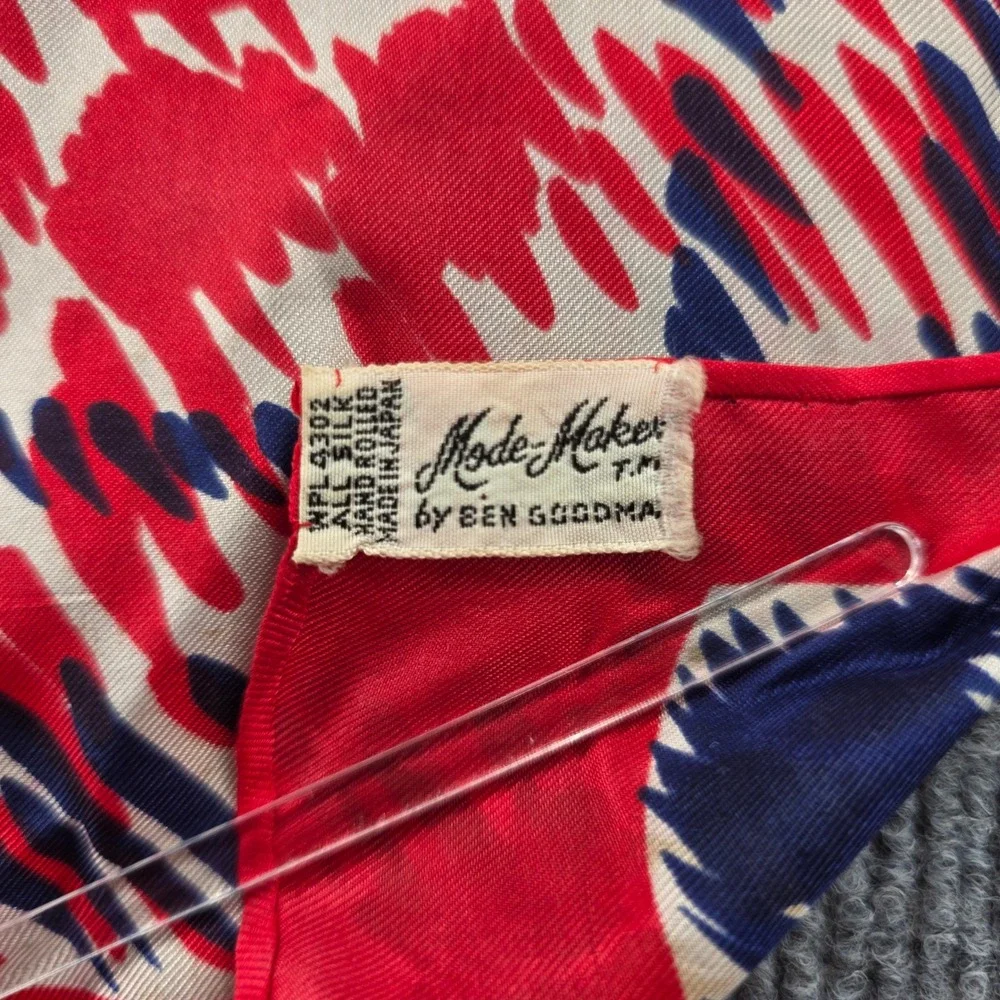 Vintage Mode Maker Ben Goodman Red Navy Silk Scarf Hand Rolled Japan Houndstooth